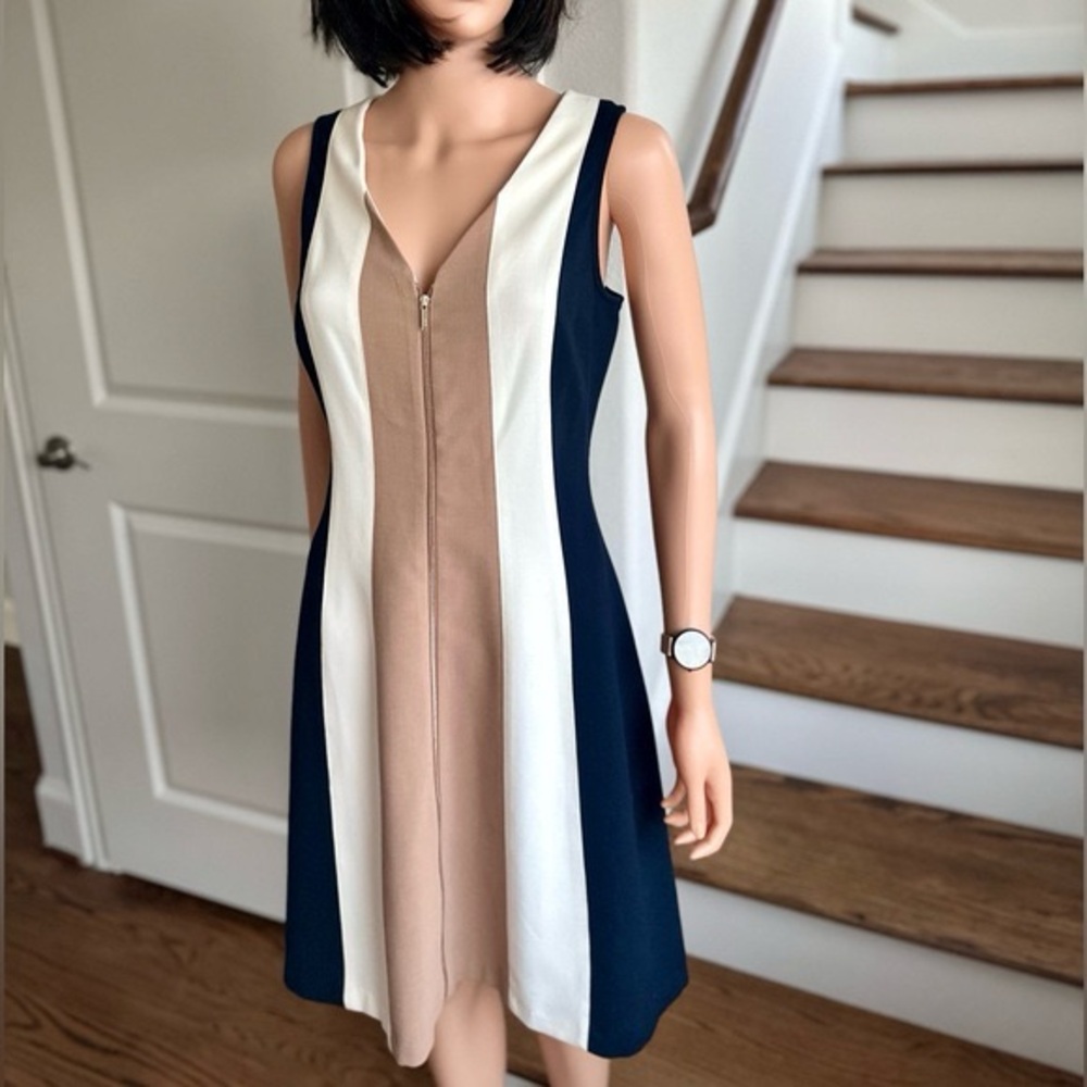Ann Taylor White and Blue Sheath Midi Dress V-Neck Sleeveless